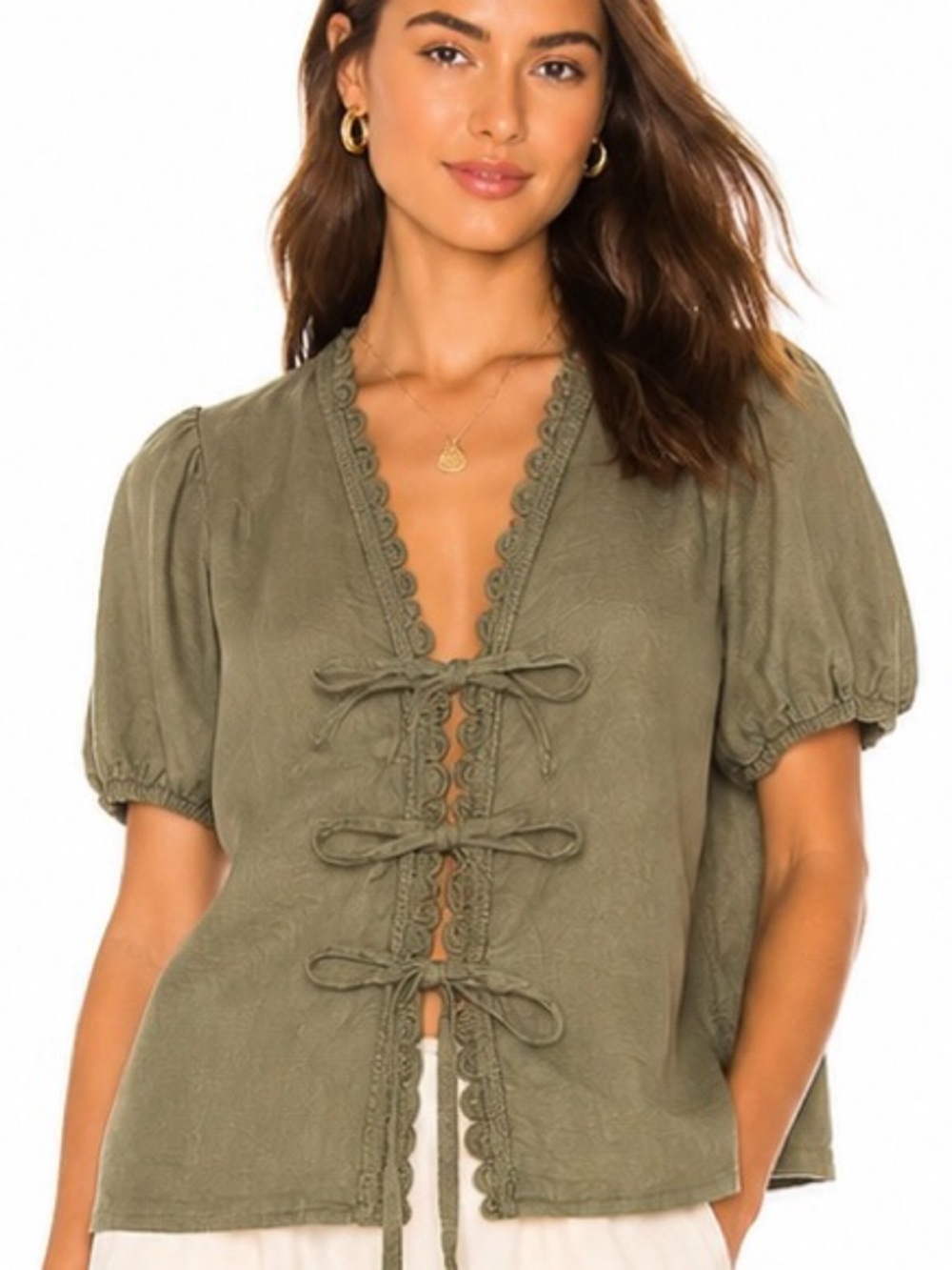 Spighe di Lino Italy Linen Tie-Front Blouse | Size L